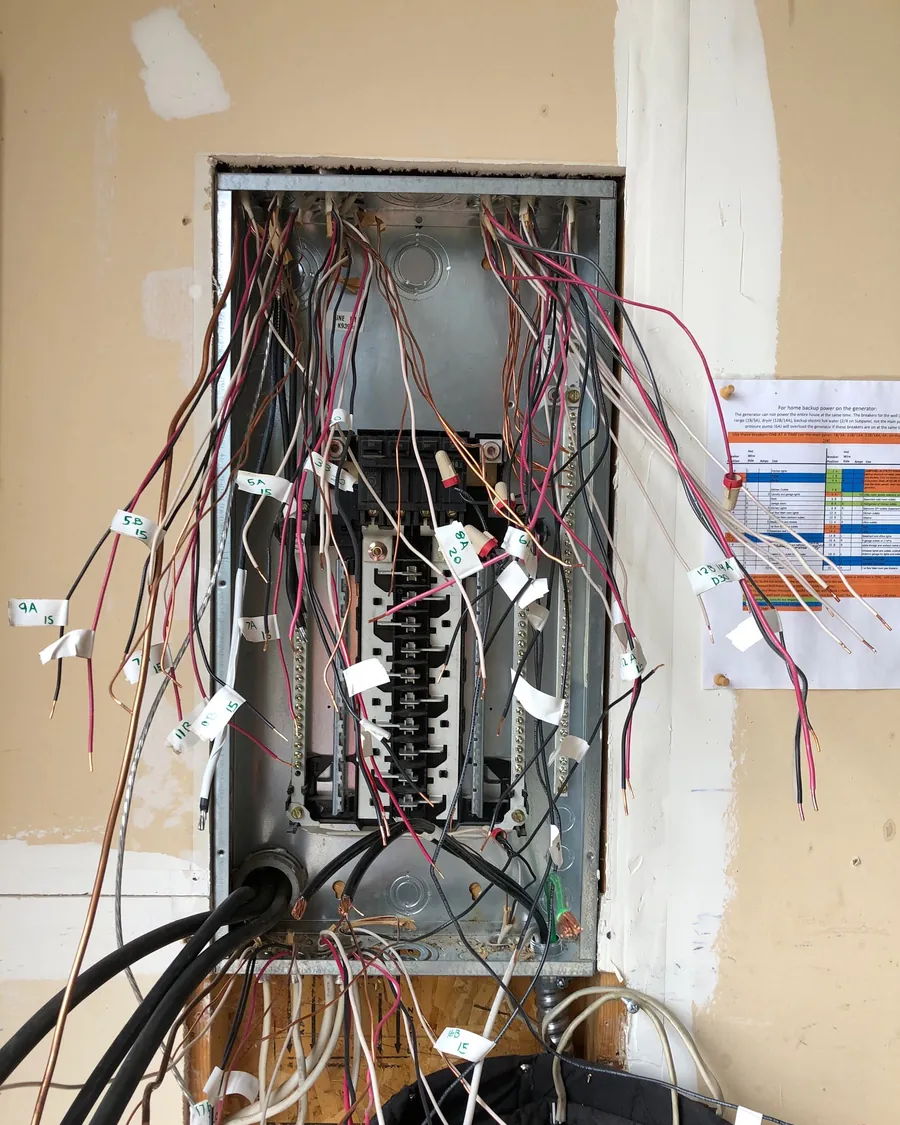 Panel with many cables entering from above during rough-in