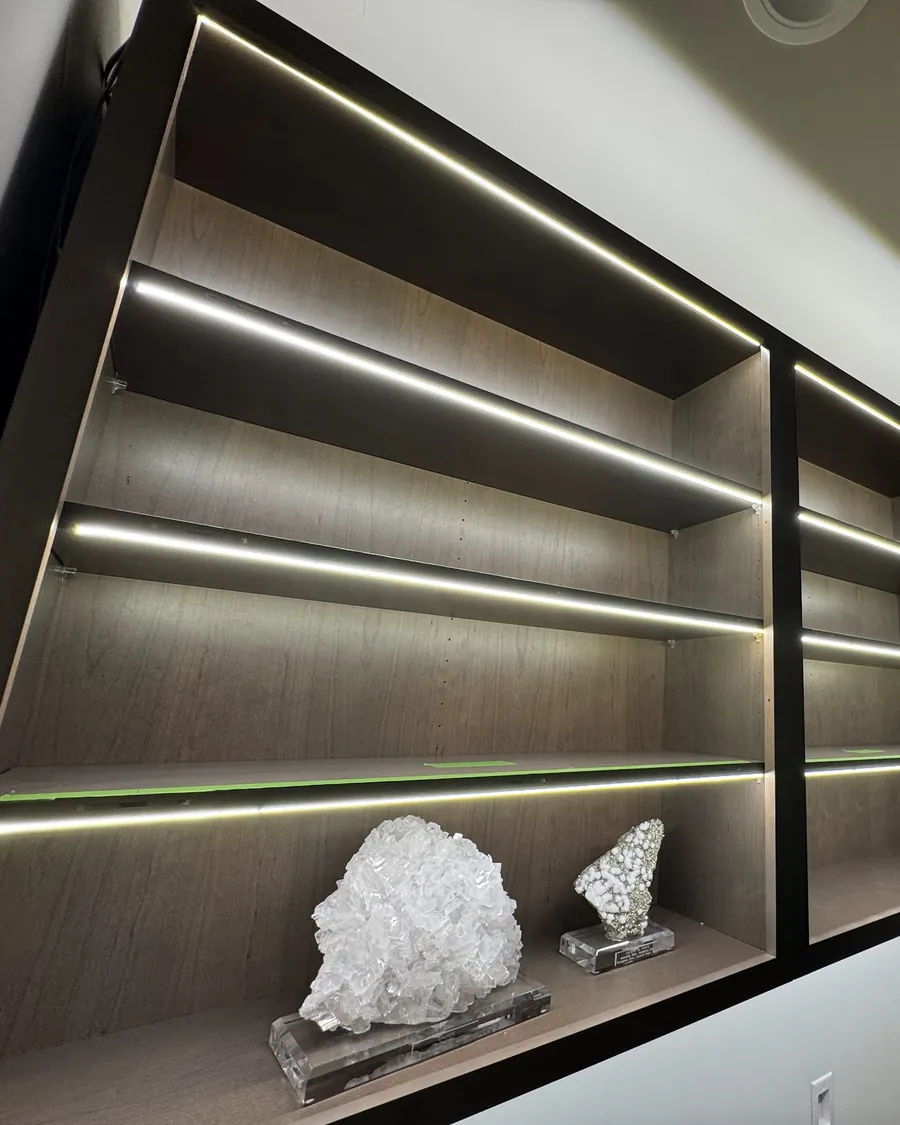 Dark built-in shelving with a line of LED light along each shelf